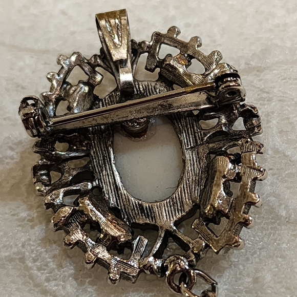 Vintage Victorian Style Marcasite Floral Brooch Pendant with Chain Tassel